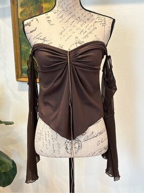 ROMWE Brown Off-Shoulder Ruched Tie-Front Crop Top